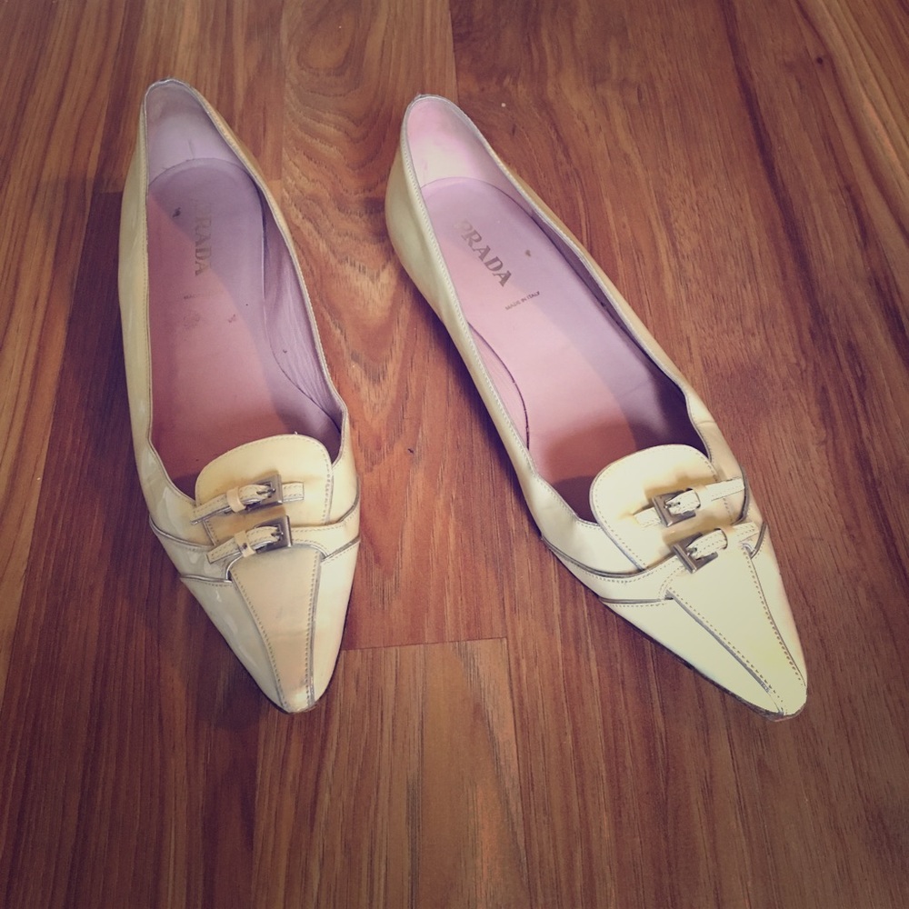 Prada Cream Patent Leather Flats, Size 40.5.